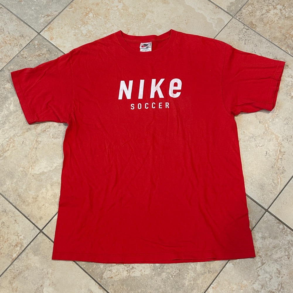Vintage Nike Soccer Shirt Mens L Red Cotton Short Sleeve Tee Athletic Cotton USA